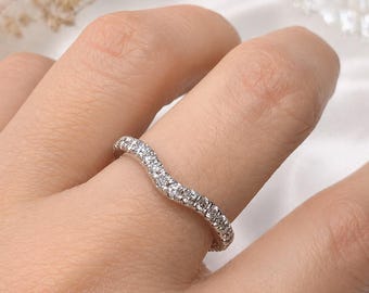 14K White Gold Diamond Wedding Band / Thin Dainty Half Eternity Ring / Stacking Diamond Band / Minimalist Wedding Ring for Her