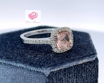 Morganite Ring 14k White Gold Diamond Halo Ring, Engagement Ring, 7mm Cushion Cut Morganite Ring, Diamond Halo Anniversary Ring,Wedding Ring