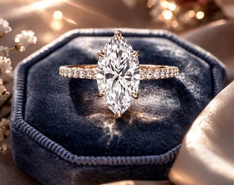 2.3ct Marquise Lab Diamond Ring, Hidden Halo Engagement Ring, 14k Gold Pave Band, Elongated Diamond Ring, Unique Proposal Ring, Ring for her