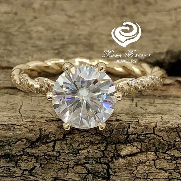 14k Gold Diamond Ring Engagement Ring Forever One Certified 7.5mm/1.50ct Round Cut D-F Color Moissanite Twisted Diamond Wedding Ring