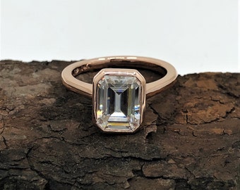 Emerald Cut Engagement Ring Solid Rose Gold, Bezel Emerald Cut Solitaire Ring, Forever One Emerald Cut Engagement Ring