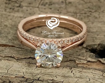 Rose Gold Bridal Set in 14k, Round Cut Bridal Set, Rose Gold Wedding Set, Moissanite Bridal Set , Forever One Moissanite Wedding Set
