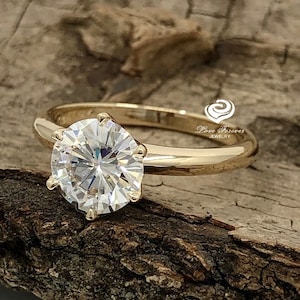 2 CT Round Cut Engagement Ring, 14k Yellow Gold Moissanite Engagement Ring, 6 Prongs Solitaire Ring, Simulated Diamond Engagement Ring