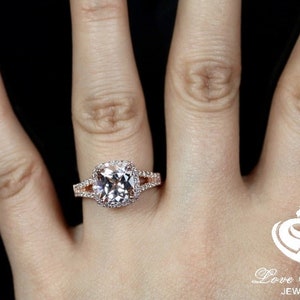 Engagement Ring 14k Rose Gold Morganite Ring Diamond Ring 8mm Cushion Cut Morganite Ring Halo Diamond Wedding Ring Split Diamond Ring