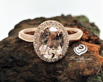 14k Rose Gold Diamond Ring Solitaire Ring Morganite Ring 9x7mm Oval Cut Morganite Halo Diamond Engagement Ring Anniversary Ring