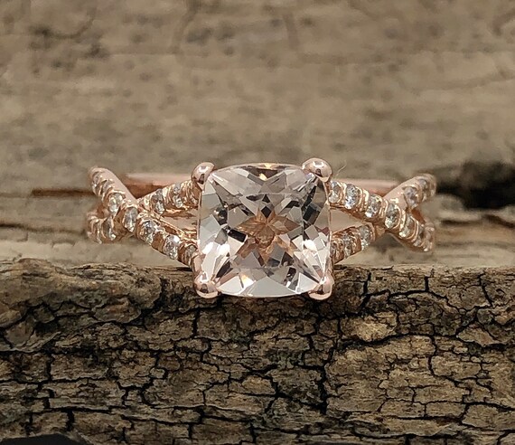 14k Rose Gold Diamond Ring Morganite Ring 7mm Cushion Cut | Etsy