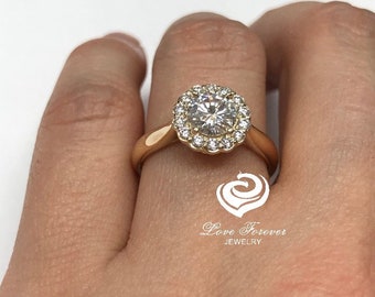 14k Gold Diamond Ring Engagement Ring Forever One Moissanite Ring Certified 6mm/0.75 Carats Round Cut D-F Color Moissanite Diamond Halo Ring
