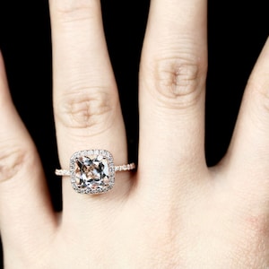 14k Rose Gold Engagement Ring Morganite Ring 8mm/2 Carats Cushion Cut Morganite Halo Diamond Ring (Bridal Wedding Set and Stones Available)