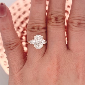 3 Carats Oval Cut IGI Certified Lab Grown Diamond Engagement Ring, 14k Yellow Gold Three Stones Ring, Side Pear Lab Grown Diamond