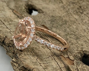 14k Rose Gold Diamond Ring Engagement Ring 10x8mm/2.25 Carats Oval Cut Morganite Ring Halo Diamond Ring (Bridal Wedding Set Available)