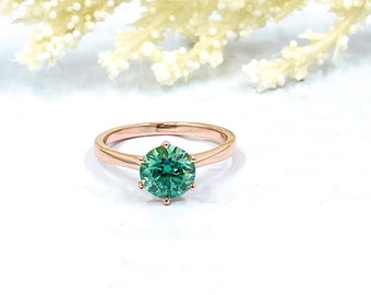 14k Rose Gold Green Moissanite Engagement Ring, 1.25 CT Round Cut Moissanite Ring, Round Cut Engagement Ring,Solitaire Ring,Anniversary Ring