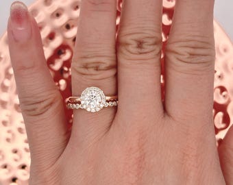 Round Cut Engagement Ring 14k Rose Gold, Round Forever One Moissanite Bridal Set, Halo Diamond Engagement Ring Set, Diamond Wedding Ring Set