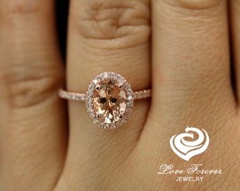 14k Rose Gold Diamond Ring Engagement Ring Morganite Ring 8x6mm/1.35 Carats Oval Cut Morganite Ring Halo Diamond Wedding Ring