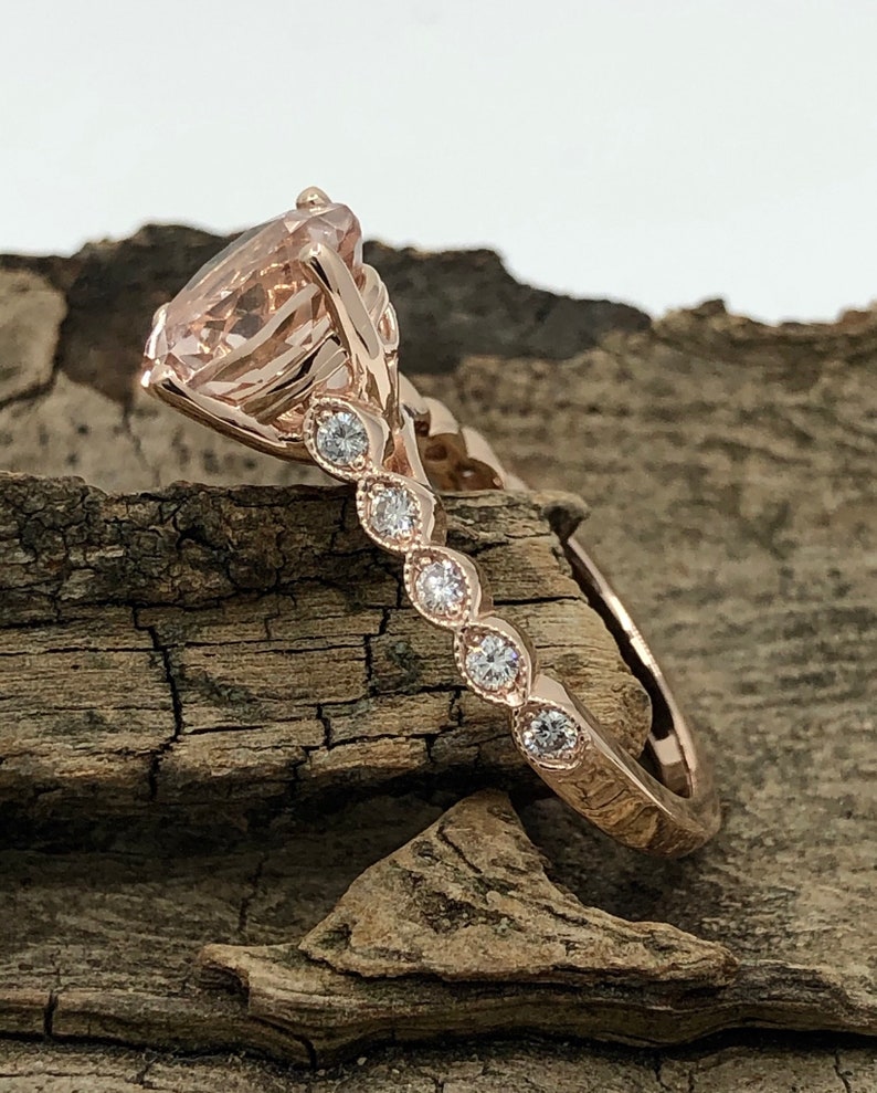 14K Rose Gold Morganite & Diamond Engagement Ring - Vintage 3 Stone Bridal Ring (Size 9)