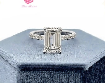 3.46 Carats Emerald Cut Lab Grown Diamond 14k White Gold Engagement Ring, Lab Grown Diamond Hidden Halo Engagement Ring, Anniversary Ring