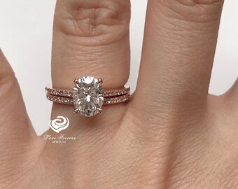 Bridal Set 14k Rose Gold, Forever One Moissanite Bridal Set, Oval Engagement Ring, Oval Cut Ring, Moissanite Oval Set, Stackable Wedding Set