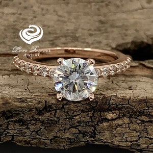 1.25 CT Round Engagement Ring 14k Rose Gold, Diamond Rose Gold Ring, D-F Color Moissanite Engagement Ring, Forever One Round Engagement Ring