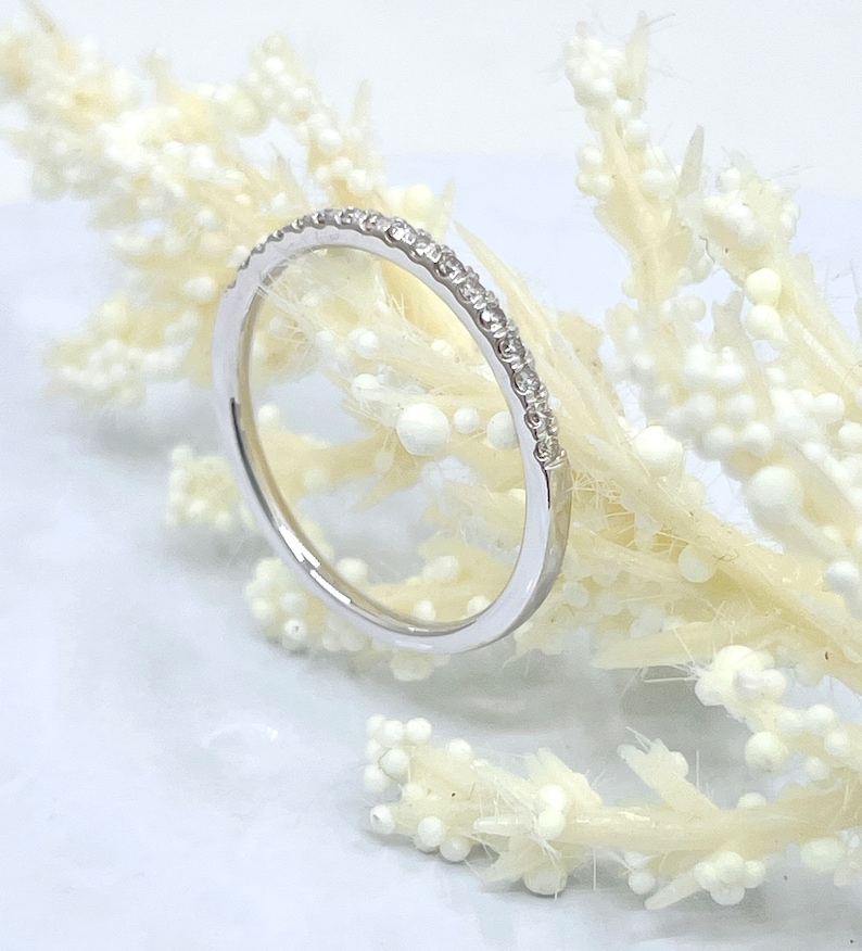 14kt Solid Gold Thin Diamond Micropave Matching Band 0.15cts Diamond Matching Wedding Band Dainty Pave Ring image 1