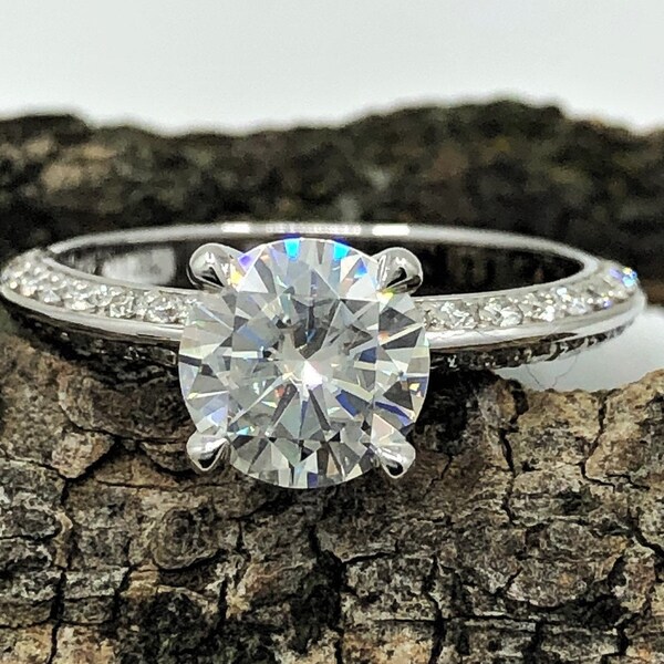 14k White Gold Moissanite Ring Diamond Ring Engagement Ring Certified 7mm/1.25 Carats Round Forever One D-F Color Moissanite Solitaire Ring