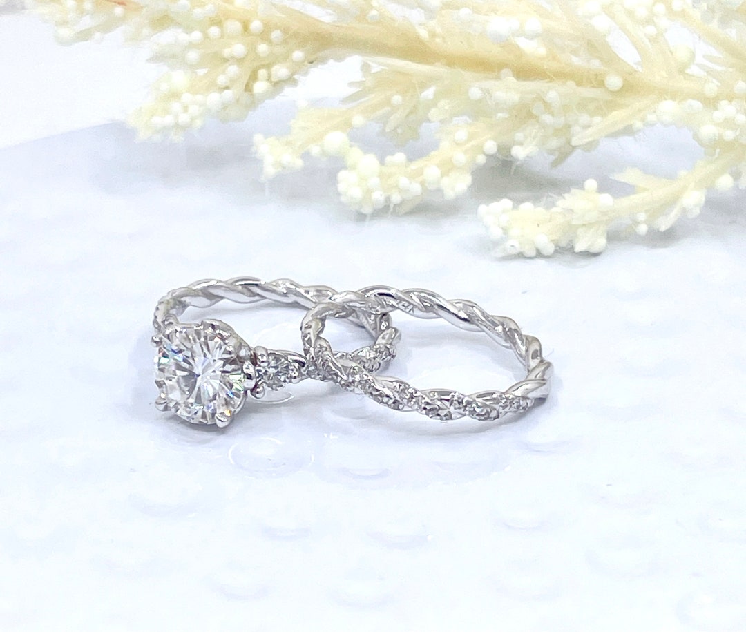 14k White Gold Bridal Set, Moissanite Wedding Set, Round Cut Moissanite ...