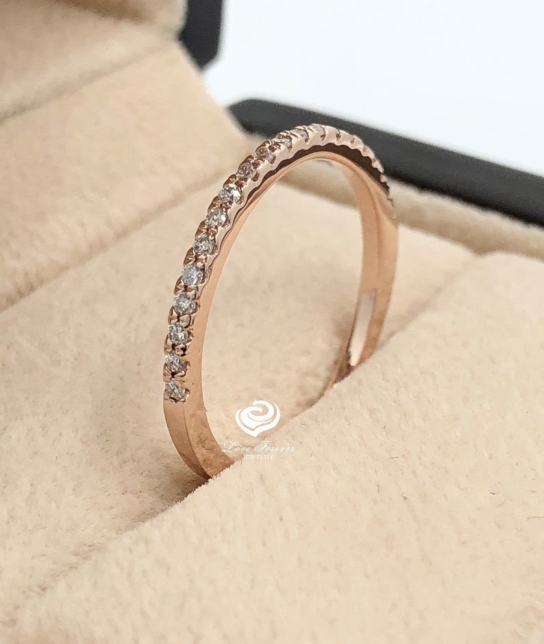 14kt Solid Gold Thin Diamond Micropave Matching Band 0.15cts Diamond Matching Wedding Band Dainty Pave Ring image 6