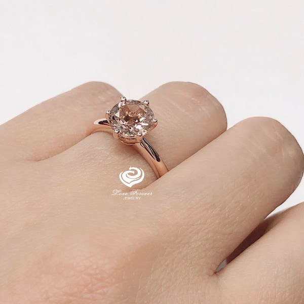 14k roségouden verlovingsring solitaire ring 8 mm rond geslepen morganiet 6 griffen unieke ring trouwring (andere metalen en steen beschikbaar)