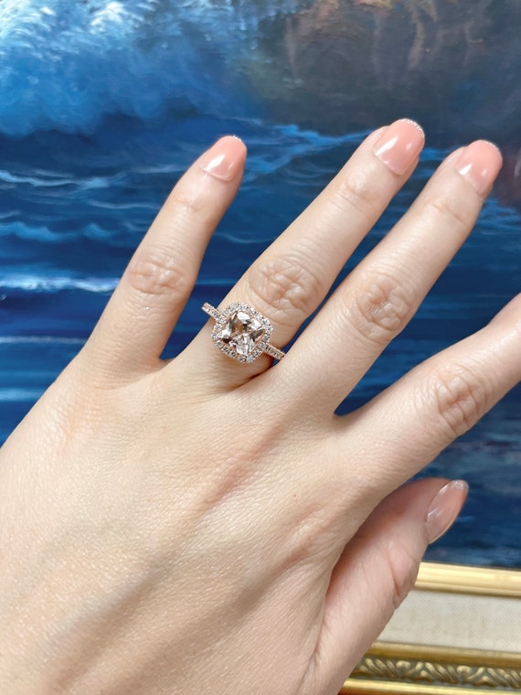 14k Rose Gold Diamond Ring Engagement Ring 7mm Cushion Cut
