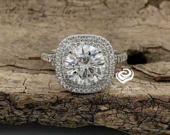 Engagement Ring 14k White Gold Double Halo Diamond Ring Certified 9mm/3ct Round Cut Forever One D-F Color Moissanite Ring