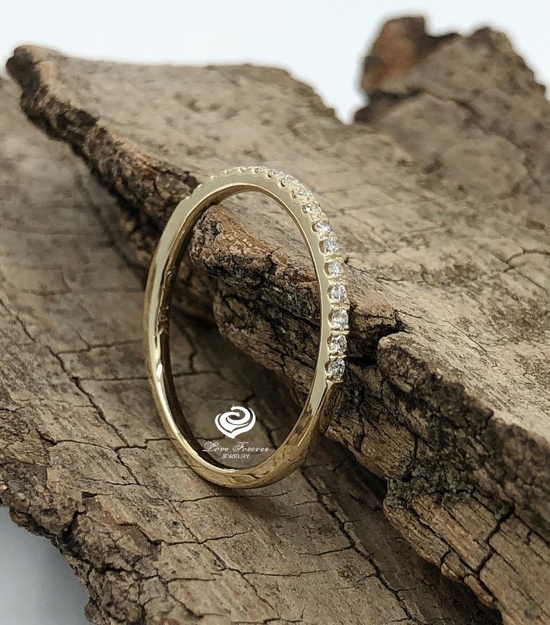 14kt Solid Gold Thin Diamond Micropave Matching Band 0.15cts Diamond Matching Wedding Band Dainty Pave Ring image 10