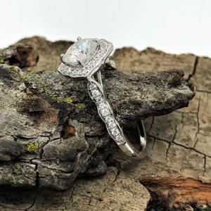 Cushion Cut Engagement Ring 14k White Gold, Forever One Cushion Moissanite Ring, Diamond Halo Ring, Simulated Diamond Wedding Ring