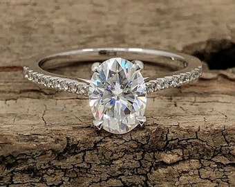14k White Gold Engagement Ring, Forever One Moissanite Ring, Oval Cut Moissanite Engagement Ring, Diamond Solitaire Ring
