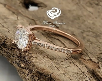 14k Rose Gold Diamond Ring Solitaire Ring Forever One Moissanite Ring Certified 7mm Round Cut D-F Color Moissanite Diamond Engagement Ring