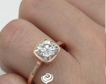 Cushion Engagement Ring 14k Rose Gold, Forever One Moissanite Engagement Ring, Cushion Moissanite Engagement, Simulated Diamond Wedding Ring