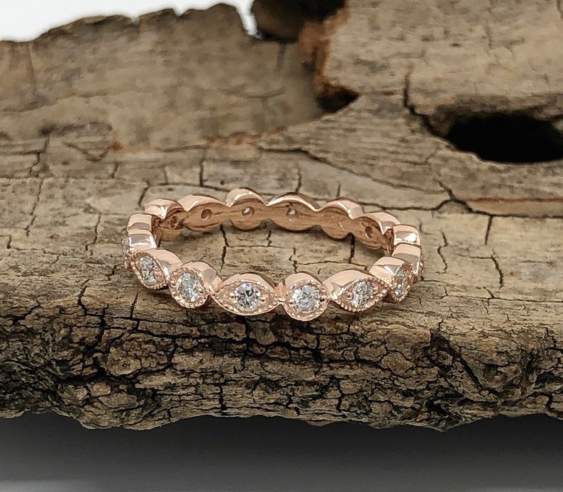 14k Rose Gold Diamond Band, Full Eternity Band, With Milgrain Wedding Band, Diamond Wedding Ring Art Deco Band Anniversary Band image 3