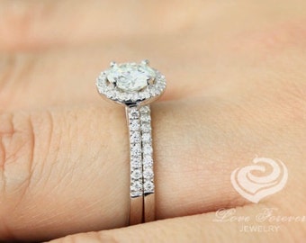 Round Cut Engagement Ring 14k White Gold, Moissanite Engagement Ring, Halo Diamond Bridal Set, Forever One Engagement Ring Set