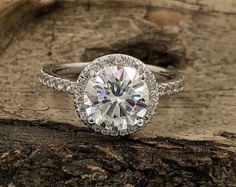 2 CT Round Cut Engagement Ring in 14k White Gold, Forever One Moissanite Engagement Ring, Halo Diamond Ring, Simulated Diamond Wedding Ring