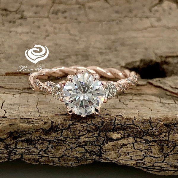 Moissanite Engagement Ring 1.25ct Round Cut D Color, 14K Rose Gold Twisted Band Ring, Vintage Style Promise Ring,Bridal Wedding Gift for Her