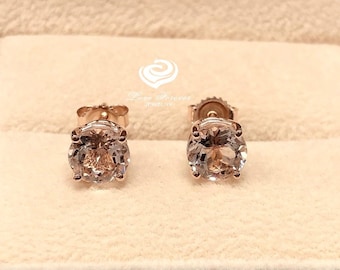 Morganite Earrings, Solitaire Stud Earrings, 14kt Rose Gold 6mm-8mm Round Morganite Basket Stud Earrings with Standard Friction Backs