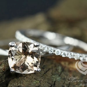 White Gold Morganite Cushion Wedding Set, Cushion Morganite Engagement Ring, Morganite Wedding Set, Morganite Engagement Ring Diamond Band