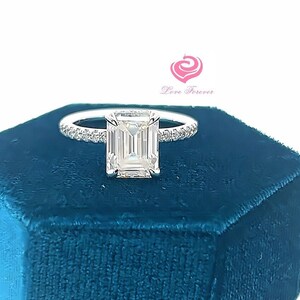 Emerald Engagement Ring 14k White Gold, Hidden Halo Diamond Solitaire Ring, Forever One Emerald Cut Engagement Ring, Anniversary Ring