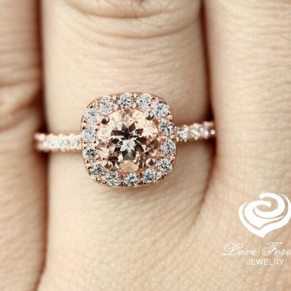 14k Rose Gold Engagement Ring Diamond Ring 6mm Round Cut Morganite Ring Halo Diamond Wedding Ring Anniversary Ring