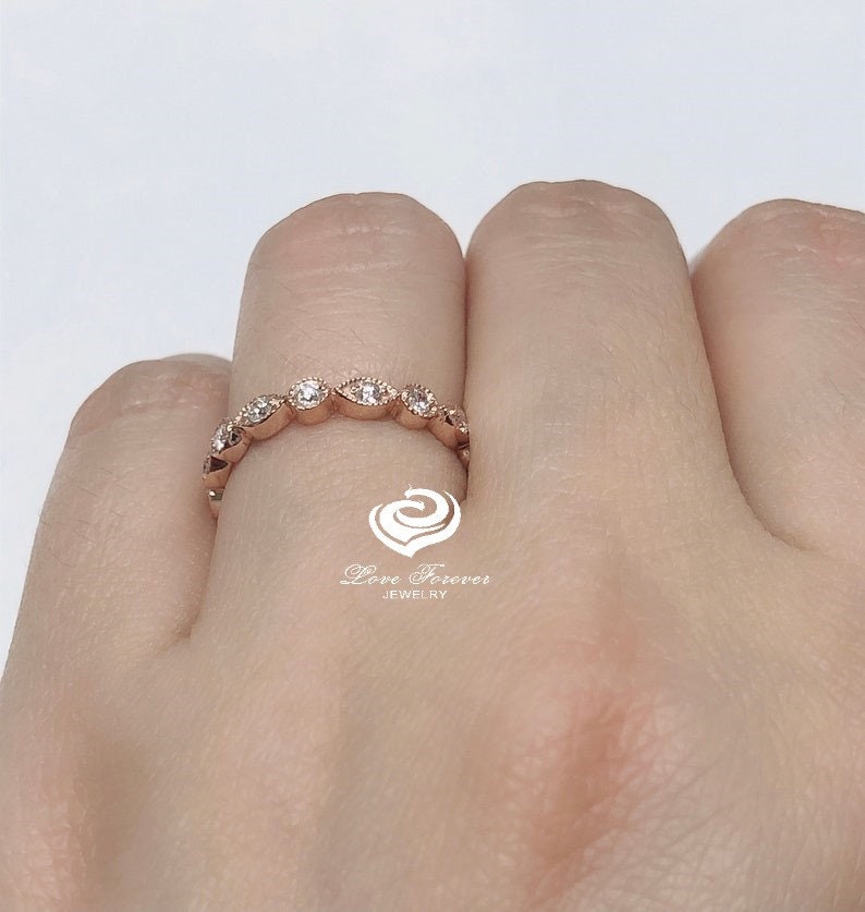 14k Rose Gold Diamond Band, Full Eternity Band, With Milgrain Wedding ...