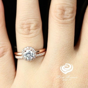 Round Cut Engagement Ring 14k Rose Gold, Round Forever One Moissanite Bridal Set, Halo Diamond Engagement Ring Set, Diamond Wedding Ring Set