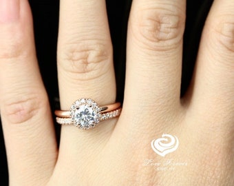 Round Cut Engagement Ring 14k Rose Gold, Round Forever One Moissanite Bridal Set, Halo Diamond Engagement Ring Set, Diamond Wedding Ring Set