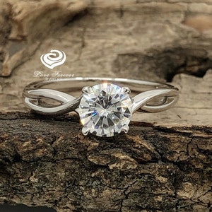 Round Cut Engagement Ring 14k White Gold, Forever One Moissanite Engagement Ring, Simulated Diamond Wedding Ring, Anniversary Ring
