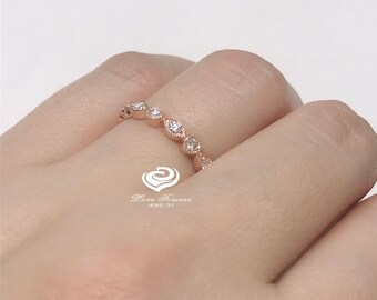 14k Rose Gold Diamond Band, Full Eternity Band, With Milgrain Wedding Band, Diamond Wedding Ring Art Deco Band Anniversary Band