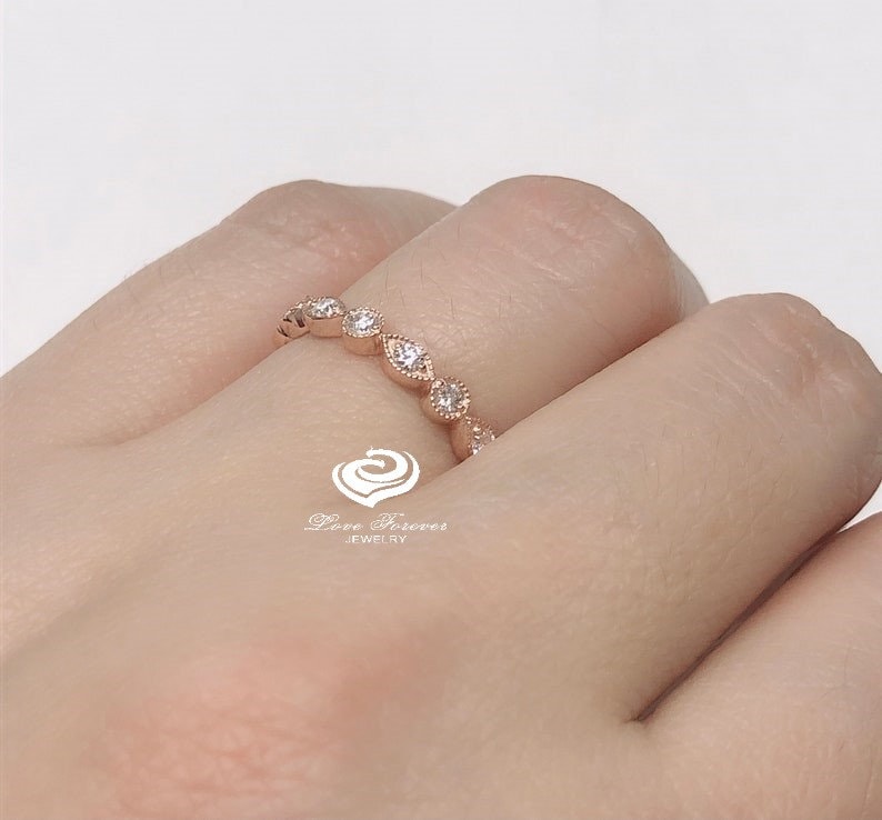 14k Rose Gold Diamond Band, Full Eternity Band, With Milgrain Wedding ...