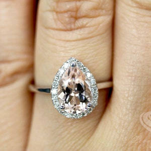 14k White Gold Diamond Ring Morganite Ring 10x7mm Pear Cut Morganite Halo Diamond Engagement Ring (Other Metals and other Stone Available)