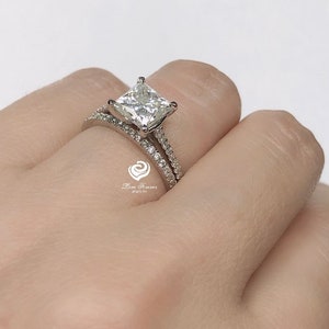Princess Cut Bridal Set in 14k White Gold, Princess Cut Moissanite Bridal Set, Princess Cut Engagement Ring, Forever One Princess Cut