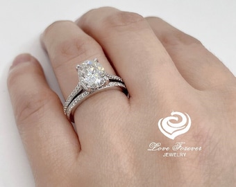 Wedding Set Oval Bridal Set 14k White Gold, Oval Cut Engagement Ring Set, Moissanite Oval Wedding Set, Forever One Moissanite Oval Cut Set